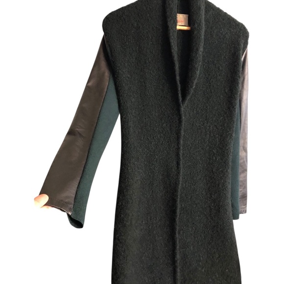 Space Couture Italy Sz 40 S Knit Coat Wool Alpaca Leather Green Assymetric hem - Picture 5 of 12